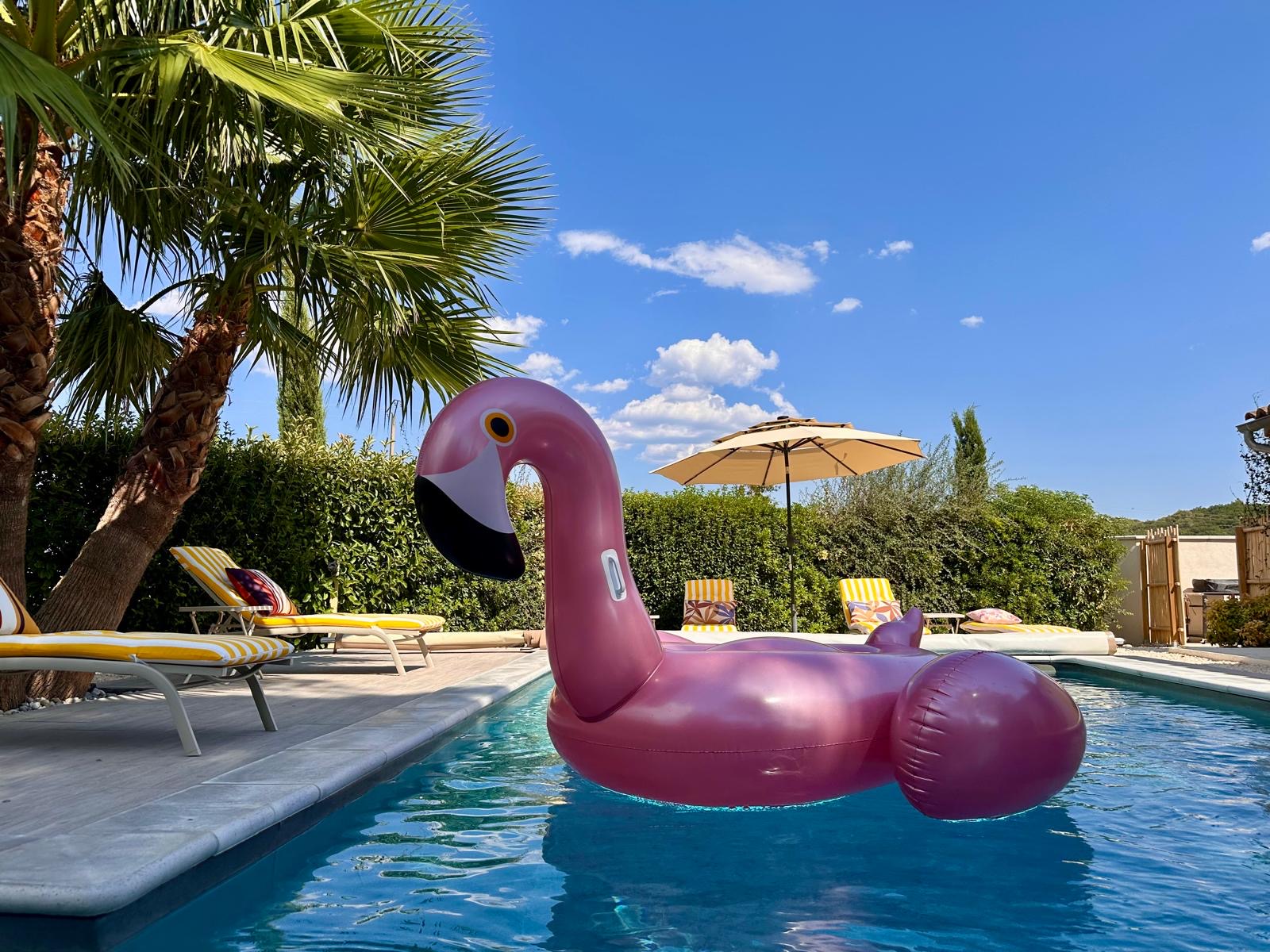 La piscine privative du Clos d'Icelle, ses palmiers et ses transats jaunes