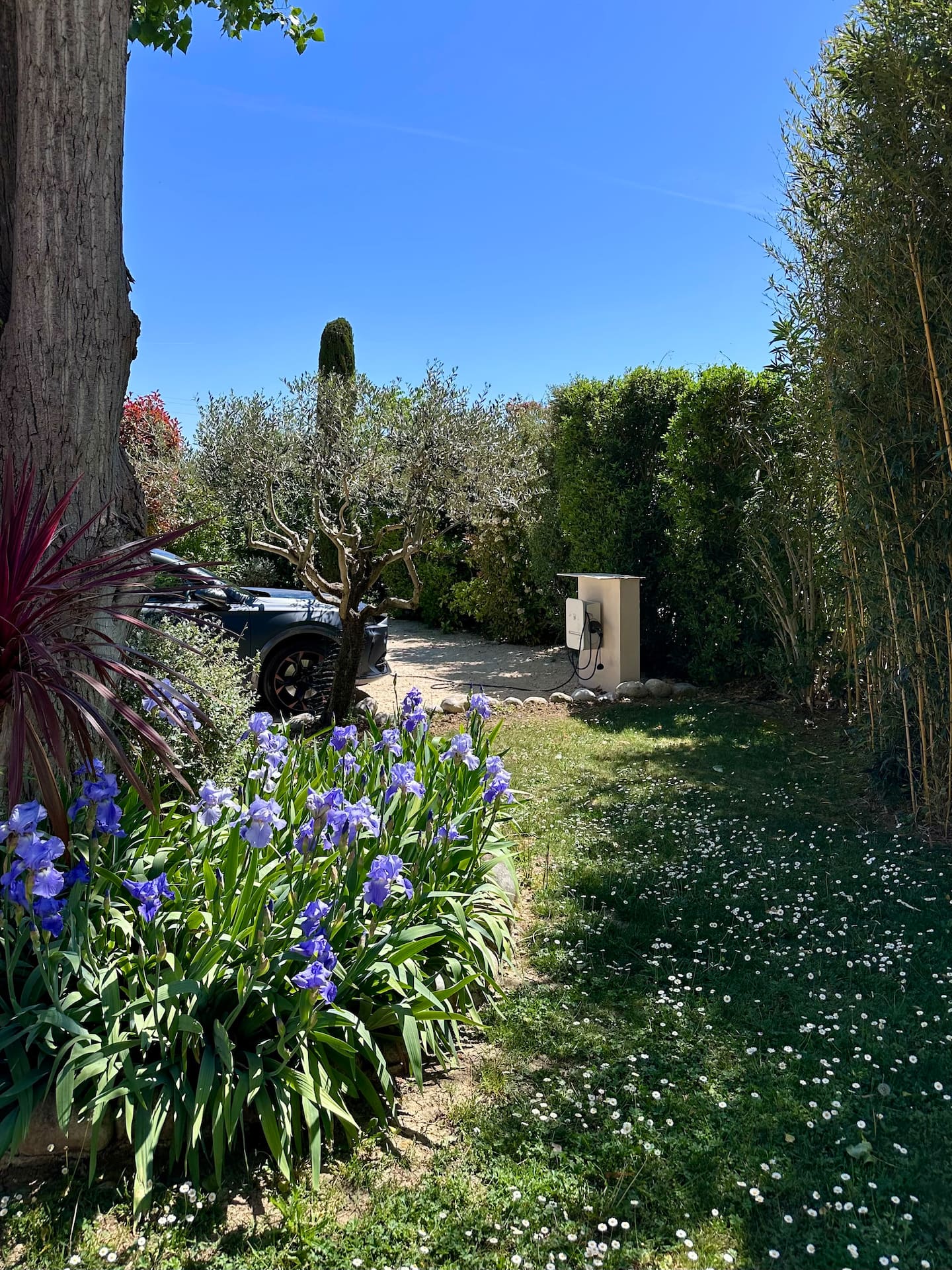 Le jardin du studio : allée de stationnement et borne de recharge