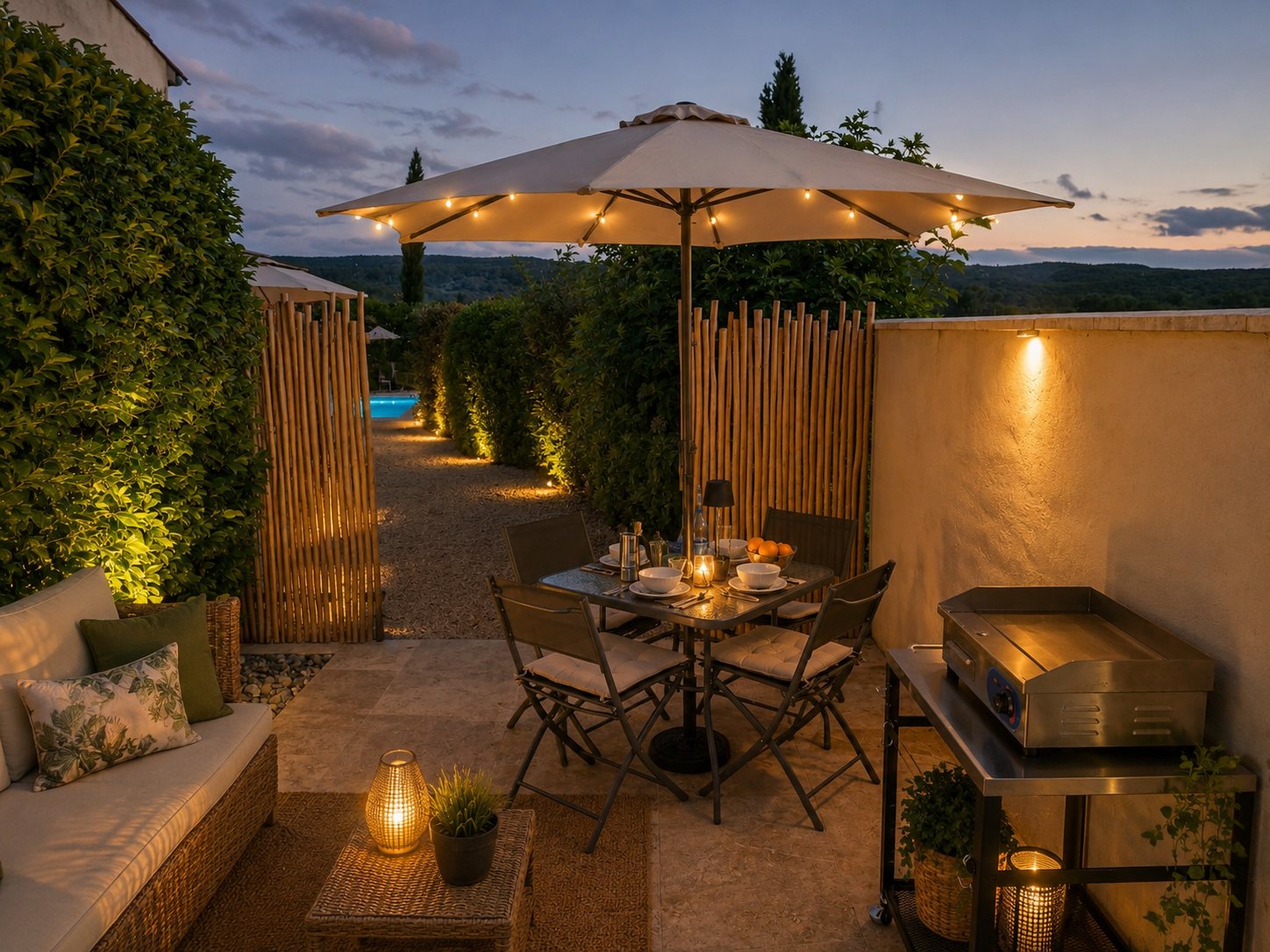 La terrasse privative au crépuscule, guirlande allumée et table dressée